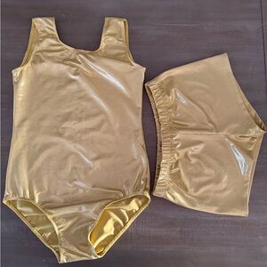 Shiny Gold Dance Leotard and Shorts Set